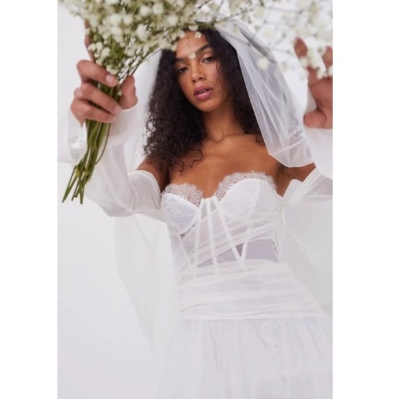 For Love & Lemons Eve Ivory Lace Corset High-Low Tulle Gown Sz Large Wedding - Picture 16 of 16